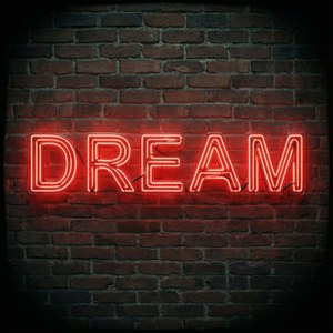 Tuğla duvarda ilham veren neon kırmızı DREAM yazısı. — Neon kırmızı Duvar Kağıdı