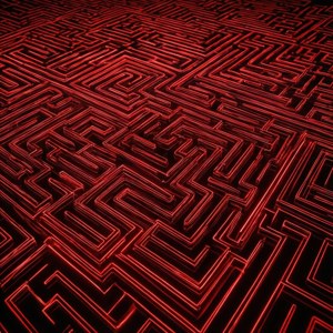 Hipnotik neon kırmızı labirent deseni, parlayan çizgilerle. — Neon kırmızı Duvar Kağıdı