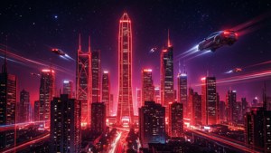 Gece vakti siberpunk estetiğine sahip futuristik neon kırmızı şehir silüeti. — Neon kırmızı Duvar Kağıdı