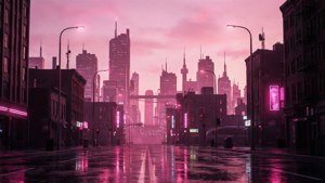 Neon yansımaları olan açık pembe estetik bir şehir manzarası. — Alacakaranlık Duvar Kağıdı