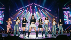 TWICE, neon ışıklarla canlı bir sahnede performans sergiliyor.