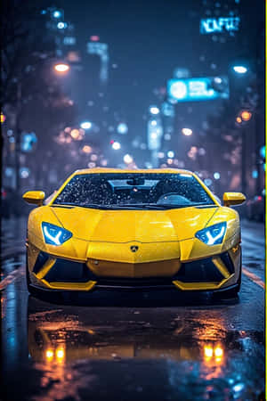 Lamborghini, neon sarı, şehir ışıkları, gece, fütüristik, kentsel, ıslak yollar, yansımalar, parlayan, 4K, portre duvar kağıdı