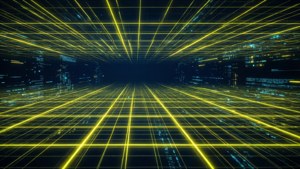 Neon sarı ve koyu mavi renklerinde bilim kurgu ızgarası, fütüristik dijital duvar kağıdı.