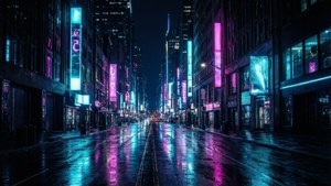 OLED ekranlar için derin siyahlarla canlı neon şehir manzarası.