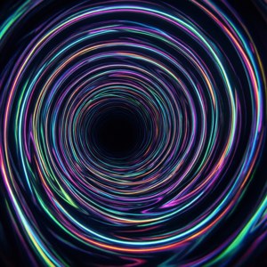 Derin bir spiral tünel, neon ışıklarla çevrelenmiş.