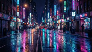 Gece vakti neon ışıkları ve ıslak yansımalarıyla siberpunk şehir caddesi.