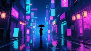 Geceleri neon ışıkları ve yağmur yansımalarıyla canlı bir anime şehir manzarası. — Anime manzara GIF Duvar Kağıdı