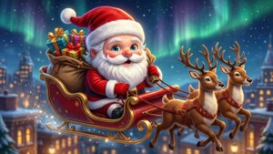 Chibi anime tarzı Noel Baba, gece şehir üzerinde ren geyikleriyle kızakla uçuyor.