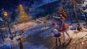 Anime Kız Noel Karakterleri El Ele Tutuşuyor — Anime manzara GIF Duvar Kağıdı