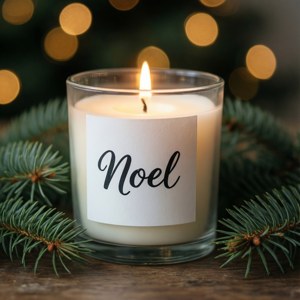 Üzerinde 'Noel' etiketi ve çam dalları bulunan şık mum. — Estetik noel Duvar Kağıdı