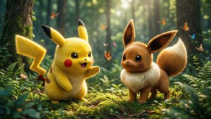 Pikachu ve Eevee ormanda eğlenceli bir gün geçiriyor. — Pikachu Duvar Kağıdı