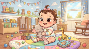 bebek, kreş, çizgi film, illüstrasyon, çocuk, oda, iç mekan, sevimli, oyuncaklar, bebek, yürümeye başlayan çocuk, oyun odası, pastel, karakter, doldurulmuş hayvan, fil, beşik, bloklar, tasarım, arka plan