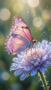 Mavi bir çiçeğin üzerinde bokeh efektli, narin pastel pembe ve lavanta rengi bir kelebek. — Pastel Duvar Kağıdı