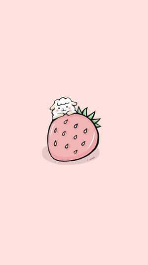 Pastel pembe arkaplanda çilek ve sevimli koyun minimalist duvar kağıdı