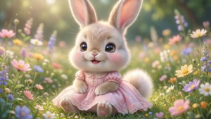 Güneşli bir günde çiçek tarlasında keyif yapan sevimli kawaii tavşan. — Kawaii Duvar Kağıdı