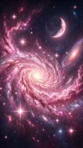Yıldızlar ve hilal ay ile rüya gibi bir pastel pembe galaksi. — Pastel pembe Duvar Kağıdı