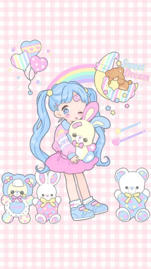 Pembe Kawaii Kız Oyuncak Ayıya Sarılıyor