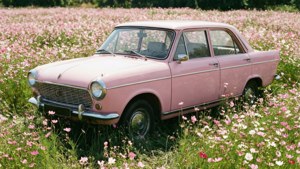 Vintage açık pembe bir araba çiçek tarlasında, retro ve doğayı harmanlıyor. — Açık pembe estetik Duvar Kağıdı