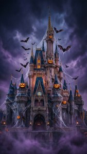 Disney'in Külkedisi şatosunun perili bir Cadılar Bayramı şatosu olarak yeniden tasarlanmış hali.