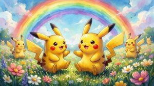 Pikachu'nun bir çiçek tarlasında gökkuşağıyla oynadığı sevimli suluboya. — Nintendo Duvar Kağıdı