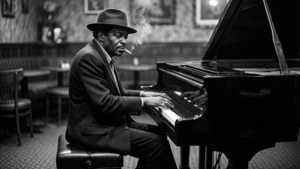 Bobby Blue Bland, noir esintili bir lounge sahnesinde piyano çalıyor.