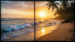 Çift monitör için tropikal bir plaj günbatımı. — 3840x1080 Duvar Kağıdı