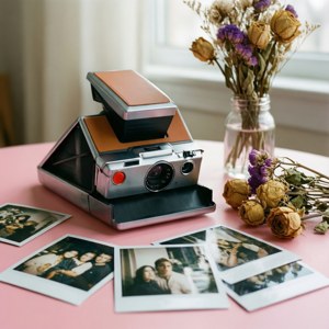 Vintage bir Polaroid fotoğraf makinesi ve fotoğraflarla yumuşak pastel bir natürmort
