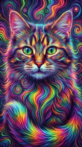 Gökkuşağı çizgileri ve neon girdapları olan uçuk kaçık Cheshire Kedisi. — iPhone 5 Duvar Kağıdı