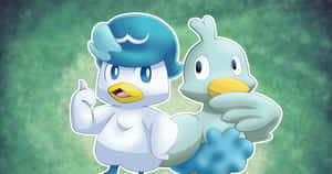 Quaxly ve Ducklett Yeşil Arka Planda — Anime masaüstü Duvar Kağıdı