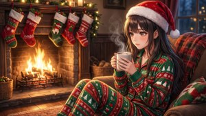 Şömine başında kakao içen pijamalı iki anime kızı.