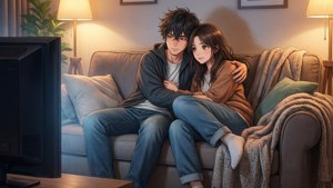 Anime çifti kanepede sarılıyor — Anime çifti Duvar Kağıdı