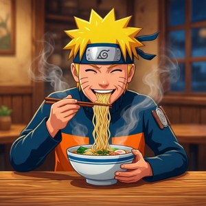 Naruto'nun mutlu bir yüzle ramen keyfi yaptığı düz vektör illüstrasyonu — 1:1 Duvar Kağıdı