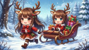 Chibi anime kızları, kızak çeken ren geyikleri olarak hediyelerle birlikte