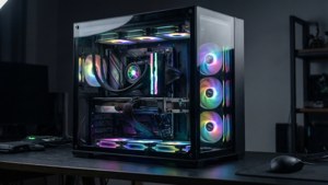 Parlayan RGB bileşenlere sahip minimalist bir üst düzey oyun bilgisayarı. — Oyun GIF Duvar Kağıdı