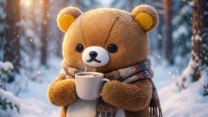 Sevimli Rilakkuma, karlı bir ormanda sıcak kakao keyfi yapıyor; sıcacık kış atmosferi için ideal. — Kawaii Duvar Kağıdı