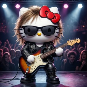 Hello Kitty sahnede gitarıyla rock yapıyor.