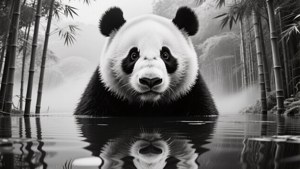 Orman yansımasıyla çift pozlama panda, sürreal siyah beyaz duvar kağıdı. — Panda Duvar Kağıdı
