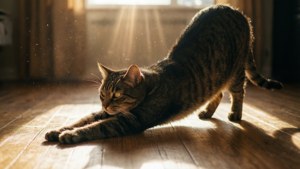 Ahşap bir zeminde güneş ışığında esneyen bir kedi. — Kedi Duvar Kağıdı