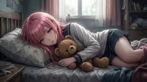 Üzgün bir anime kızı, dağınık bir odada yatağında uzanmış, bir oyuncak ayıya sarılarak ağlıyor.