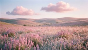 Yumuşak bir sabah gökyüzü altında pembe ve lavanta tonlarında rüya gibi bir pastel çayır. — Pastel Duvar Kağıdı