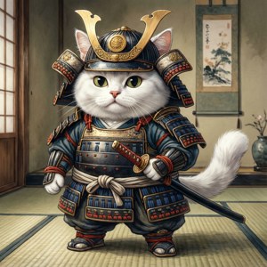 Geleneksel bir Japon ortamında sevimli bir samuray kedi