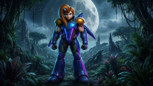 Samus Aran'ın dev bir ayın olduğu yabancı bir gezegendeki bilimkurgu sahnesi. — Nintendo Duvar Kağıdı