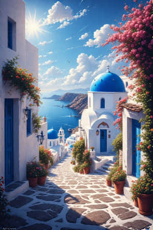 Yunanistan, Santorini, mavi kubbeler, beyaz evler, Ege Denizi, ada, Akdeniz, güneş ışığı, çiçekler, seyahat, yaz, 4K — Çiçekler Duvar Kağıdı