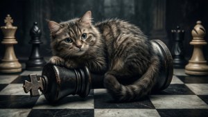 Cheshire Kedisi'nin dramatik bir sahnede bir satranç taşına uzanmış hali. — Cheshire Kedisi Duvar Kağıdı
