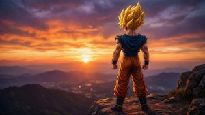 SSJ4 Goku, bir uçurumda gün batımına karşı silüet halinde. — ROG Ally Duvar Kağıdı