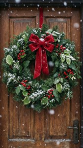 Karlı bir kapıda güzel bir Noel çelengi, klasik tatil dekorasyonu. — Mutlu noeller Duvar Kağıdı