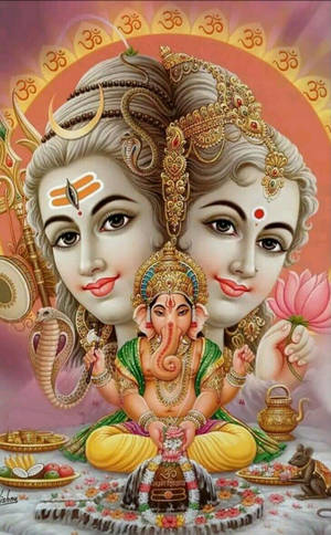 Şenlikli Shiva Parvati Birleşik Baş ve Ganesha — Galaxy Tab S10+ Duvar Kağıdı