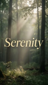 Soluk altın rengi 'Serenity' yazısı, sisli bir orman ve ışık huzmeleri üzerinde, sakin doğa estetiği. — Estetik kelimeler GIF Duvar Kağıdı