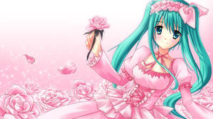 Sevimli Anime Hatsune Miku Pembe Elbiseli ve Güllerle