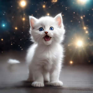 Sevimli Beyaz Yavru Kedi Yıldızlı Arka Plan — Dans eden kedi Duvar Kağıdı